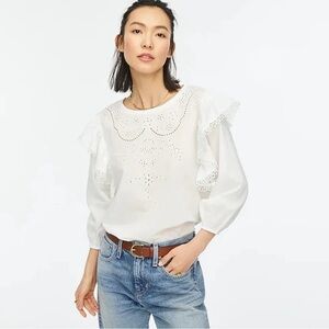J.Crew Embroidered Ruffle Sleeve Top Size S White Cotton Top NWT Boho Hippie